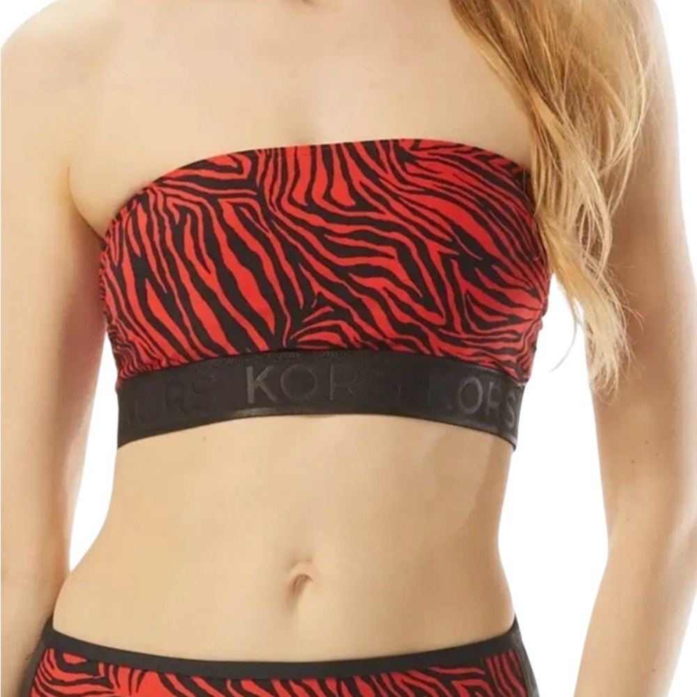 Michael Kors Swim Top Zebra Logo Zip Back Bandeau Removable Soft Cups Size S